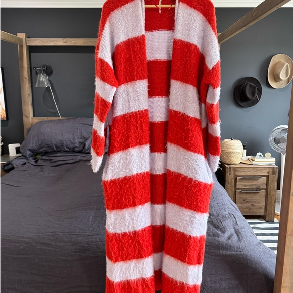 Free People Red and White Striped Cardigan Sweater - Picture 2 of 4